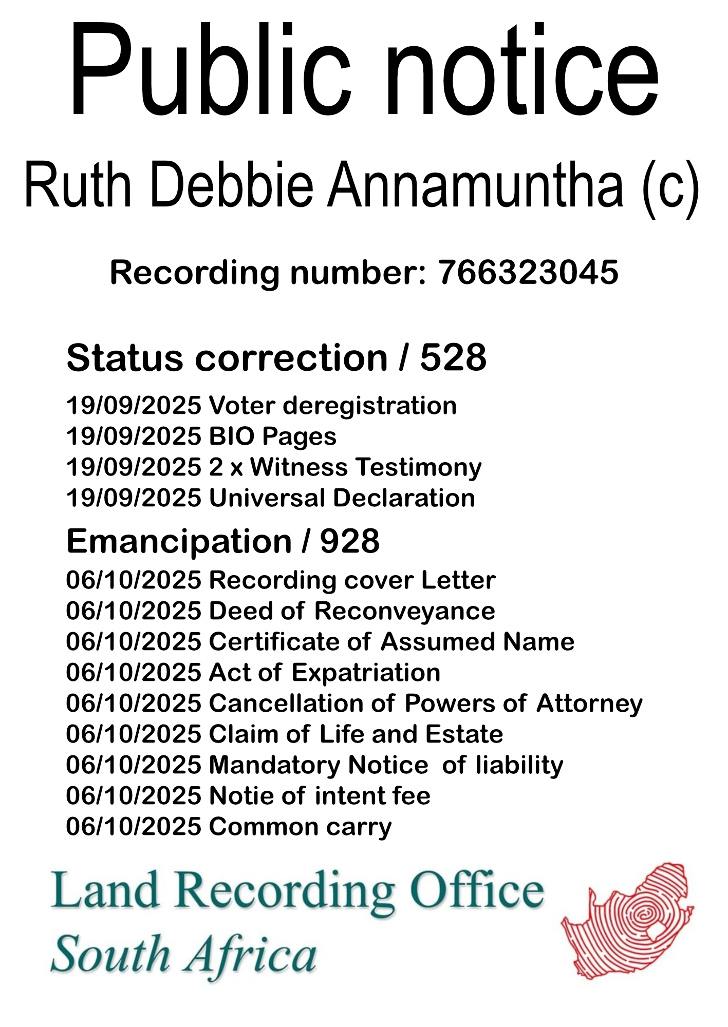 Public Notice Ruth Debbie Annamuntha Recording Number 766323045